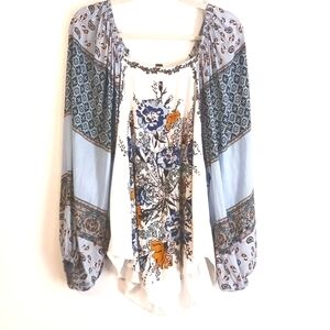 Free People "Boho" Contrast Pattern L/S Peasant Style Blouse in Size Medium